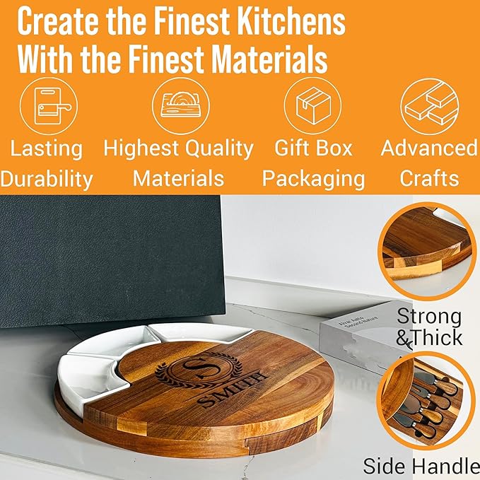 Personalized Charcuterie Board, 13'' Custom Round Cheese Board Gift, Acacia Wood Boards with Knives for Serving - Gifts for Housewarming New Home, Wedding, Anniversary, Christmas, Couples, Birthday