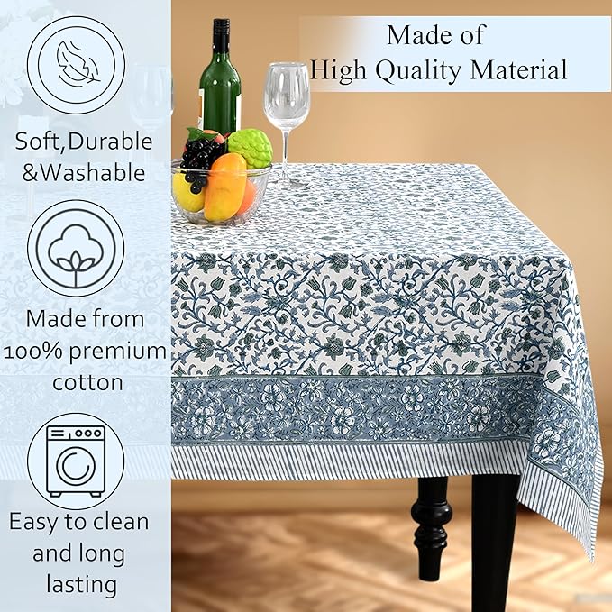 CPC Ocean Vine Tablecloth 100% Cotton 72x140 Inch Indian Block Print Rectangle Table Cover, Table Cloth for Gifting in Weddings, Halloween, Fall, Christmas, Thanksgiving
