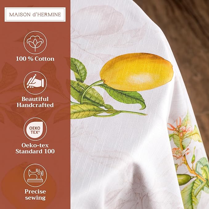 Maison d' Hermine Table Cloth Round Table 100% Cotton 69 Round Inches Tablecloth Reusable Decorative for Dining Room Farmhouse Home Valentines Day Decorations Spring Summer - Limoncello