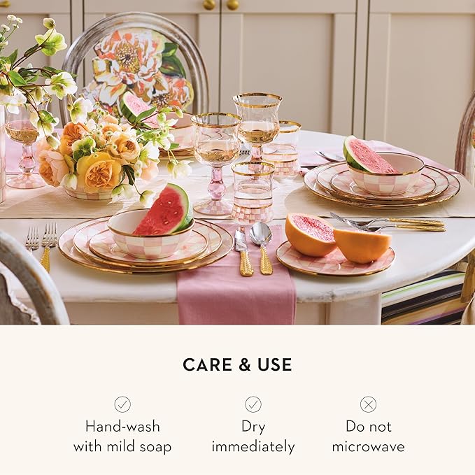 MACKENZIE-CHILDS Enamel Dinner Plate, Decorative Dinnerware Plate, 10 Inches, Set of 1, Pink-and-White Rosy Check