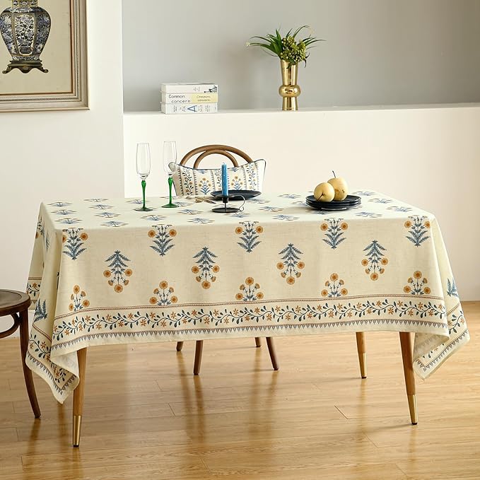 ISAENNE Designer French Pale Yellow Small Rectangular Tablecloth,Linen Floral Table Cloth,Wrinkle Resistant Decor Tablecloths for Dining Thanksgiving Banquet Kitchen Party,55"*71"-Estevan A