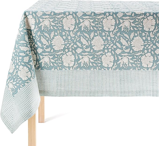 Over&Back Hand-Screened Tablecloth - Dining Table Cover - Each Tablecloth is Unique - 100% Cotton - Machine Washable - Kitchen and Home Decor - Blue Floral - 70x108