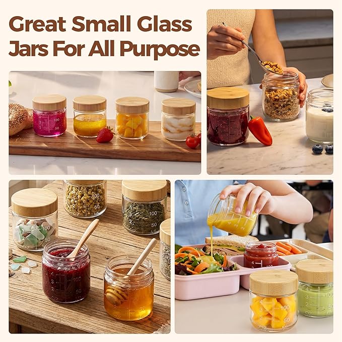 4oz Glass Salad Dressing Containers with Bamboo Lids - 3 Pack Small Airtight Condiment Cups, Leakproof Mini Sauce Jars for Picnic, Ketchup, Dip & Snacks, BPA-Free & Dishwasher Safe