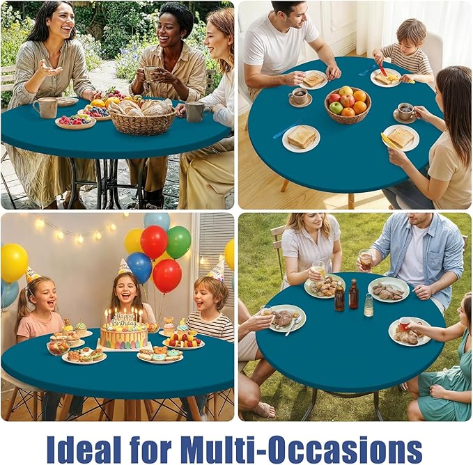 Round Spandex Tablecloth, Elastic Fitted Waterproof Tablecloths for 57"-68" Tables, Stretch Washable Picnic Table Cover for Camping, Dining, Indoor and Outdoor,Peacock Blue