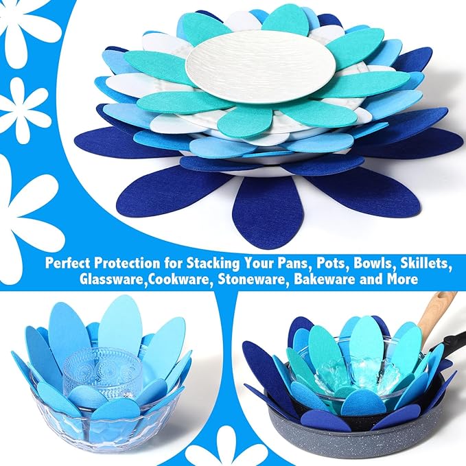 Queekay 12 Pcs Felt Pot and Pan Protectors 12/14/16 Inch Larger Thicker Pan Protector Pads, Colorful Pot Separators for Stacking Cookware Organizing Protecting(Blue)