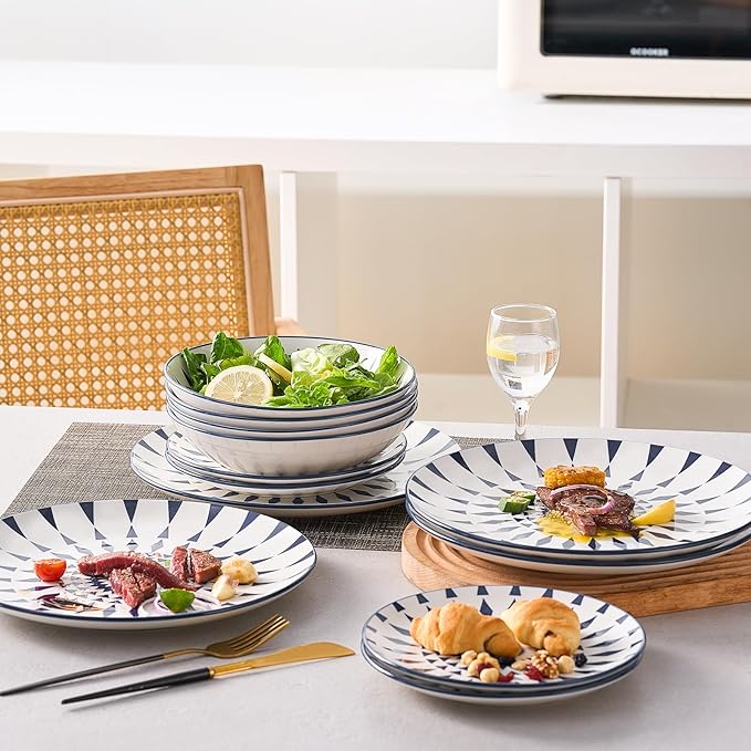 Bestone 12-Piece Round Porcelain Dinnerware Set, Service for 4, Chip Resistant Plates and Bowls,Blue, Dishwasher & Microwave Safe for Home Daily Use
