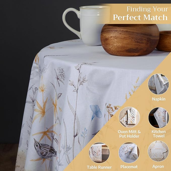 Maison d' Hermine Table Cloth Round Table 100% Cotton 63 Round Inches Tablecloth Reusable Decorative for Dining Room Farmhouse Home Valentines Day Decorations Spring Summer - Meadow Florals - Beige