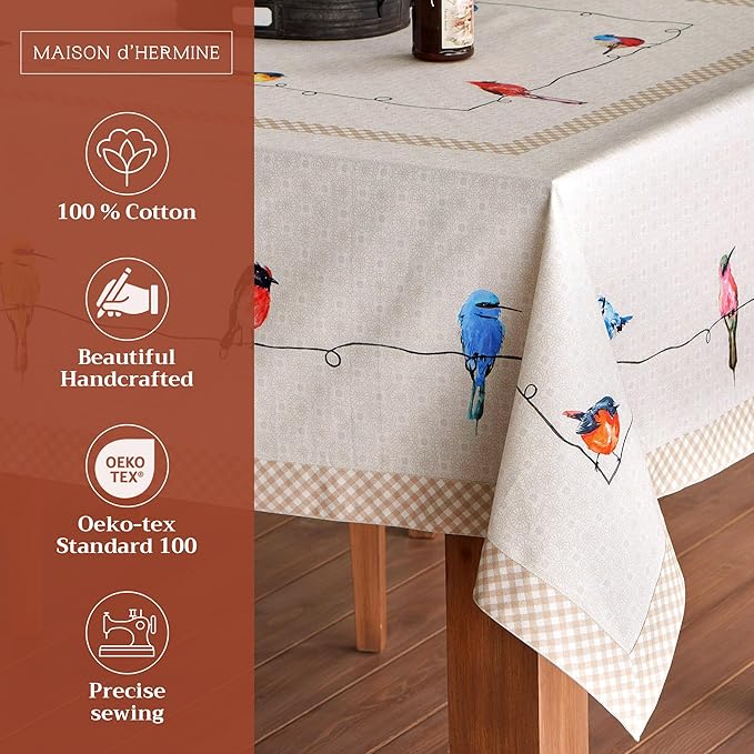 Maison d' Hermine Table Cloth Square Table 100% Cotton 60 x 60 Inches Tablecloth Reusable Decorative for Dining Room Farmhouse Home Valentines Day Decorations Spring Summer - Birdies on Wire