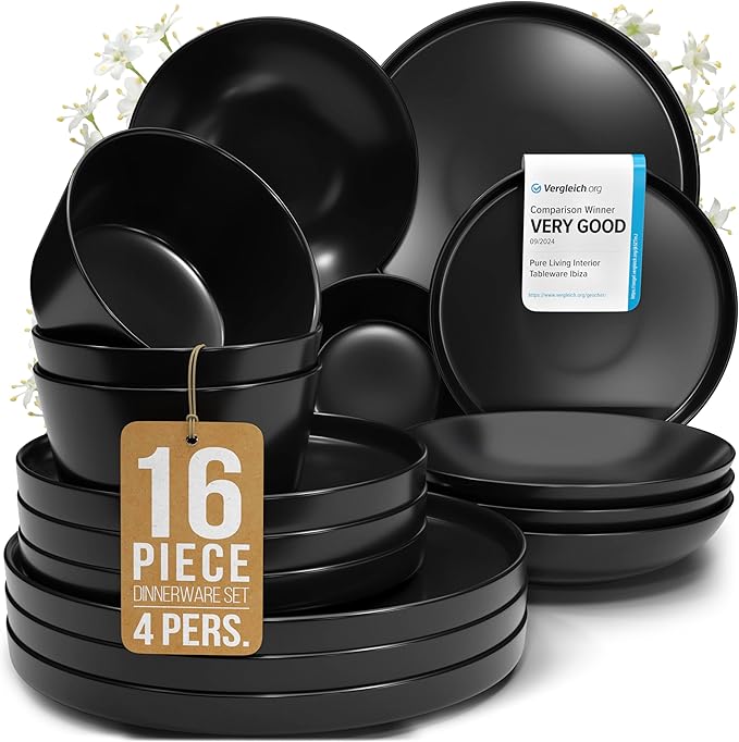 16 Piece Dinnerware Sets for 4 - Matte Black Modern Style Stoneware Dinnerware Set - Scratch Resistant, Dishwasher Safe Plates and Bowls Sets Ceramic, Dish Set, Bowl and Plate Set - Matte Black