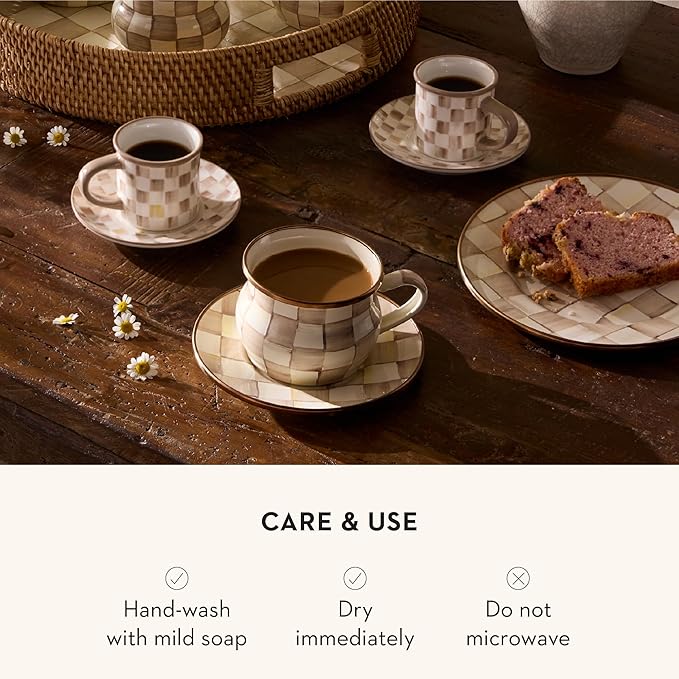 MACKENZIE-CHILDS Enamel Saucer, Small Coffee and Tea Cup Saucer, Brown-and-White Mocha Check