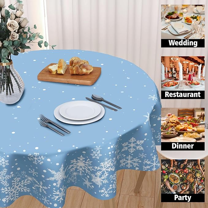 Winter Tablecloth Round 70 Inch Blue Christmas Snowflake Table Cloth Round Blue and White Xmas Holiday Table Cover for Kitchen Dinner Home Decor