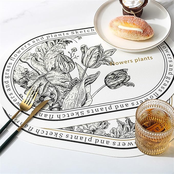 Nordic Leather Placemat Black and White Floral Pattern Waterproof Oilproof Heat Plate Bowl Mat Dinning Table Decor(A)
