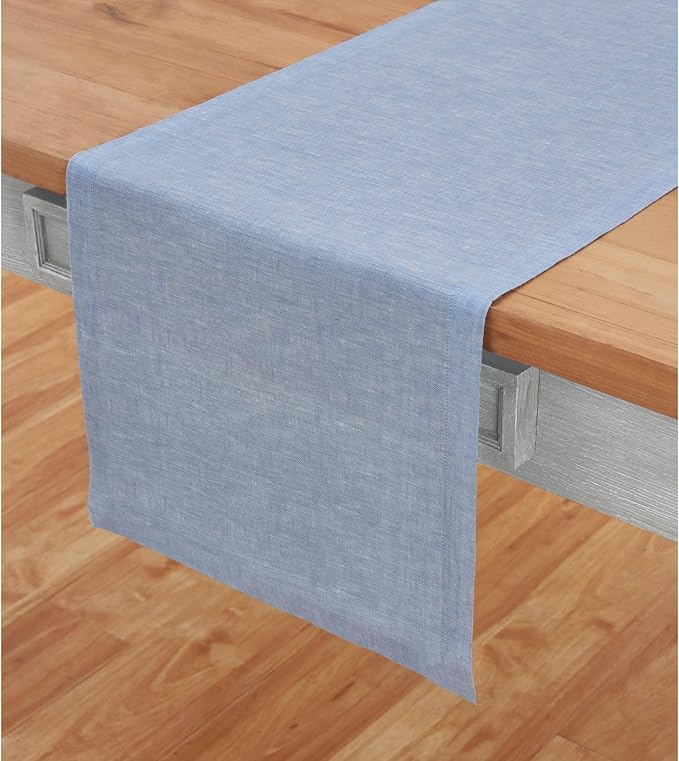 Solino Home Linen Table Runner 36 Inches - 100% Pure Linen Chambray Blue Table Runner 14 x 36 Inch Ideal for Dresser and Coffee Tables, Spring, Easter - Athena