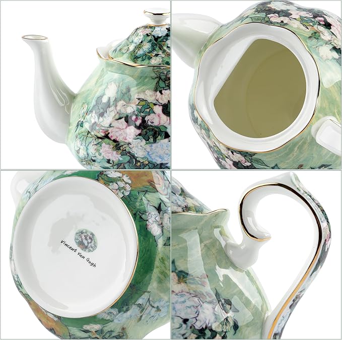 Teapot 30 oz Vangogh Paintings Bone China Loose Tea Pot Floral Design Vintage Ceramic Coffee Water Pot European Style Porcelain (White Rose)
