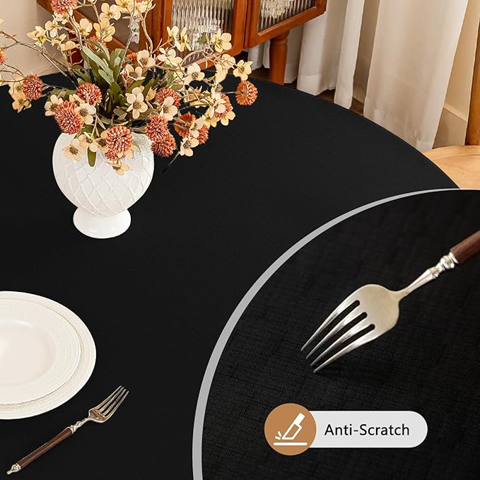 Textured 60 Inch Black Fabric Round Table Cloth, Faux Linen Water Resistant & Wipeable Circle Tablecloth, Washable for Dinning Kitchen Patio