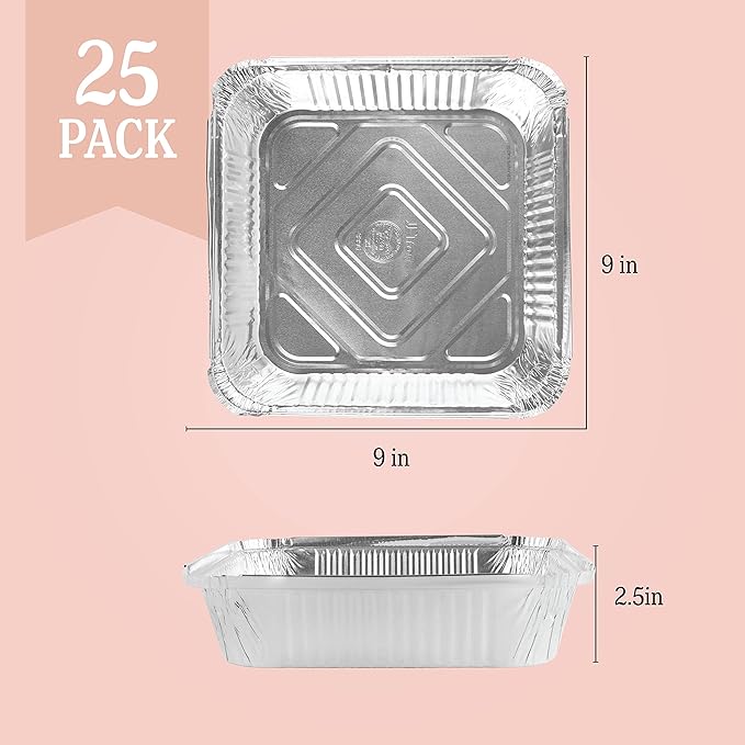 PLASTICPRO Disposable 9'' X 9'' X 2'' Inch Square Aluminum Tin Foil Baking Pans Bakeware - Cookware Perfect for Baking Cakes, Breads, Brownies, Bread, Meatloaf, Lasagna, Pack of 25