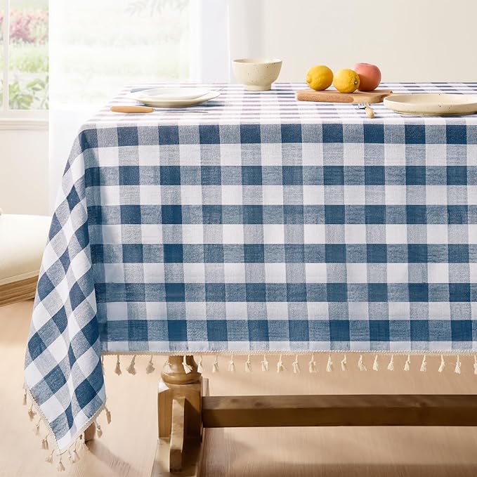 Softalker Checkered Tablecloth Rectangle, Outdoor Linen Cotton Gingham Table Cloth with Tassel, Heavy Duty Wrinkle Free Buffalo Plaid Table Cover for Kitchen Dining Home Party - 55 x 102 Inch, Navy