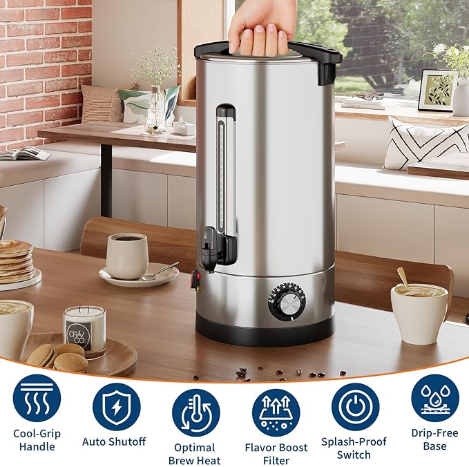 70-Cup Commercial Coffee Urn – 10l Large Stainless Steel Electric Coffee Maker with Double-Wall Insulation and Filter Basket – Suitable for Buffets, Catering, Parties, Weddings, and Business Events