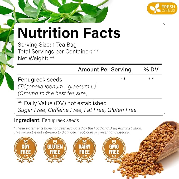FreshDrinkUS, Premium 75 Fenugreek Tea Bags, 100% Natural & Pure from Fenugreek. Fenugreek Herbal Tea. Made with Natural Material Tea Bags. No Sugar, No Caffeine, No Gluten, Vegan.