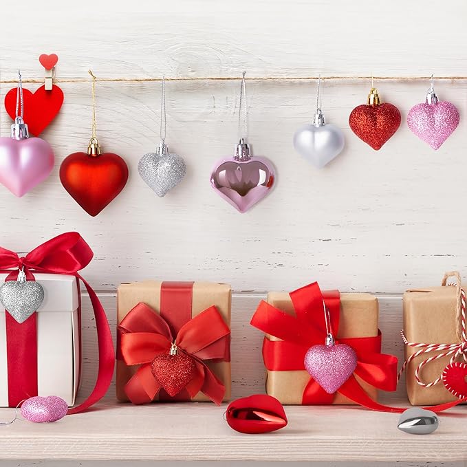 54pcs Valentines Day Heart Shaped Ornaments, Classic Red Pink Silver Hanging Baubles with 2 Sizes, Valentine's Day Decorations for Tree, Love Hanging Decor for Wedding Party