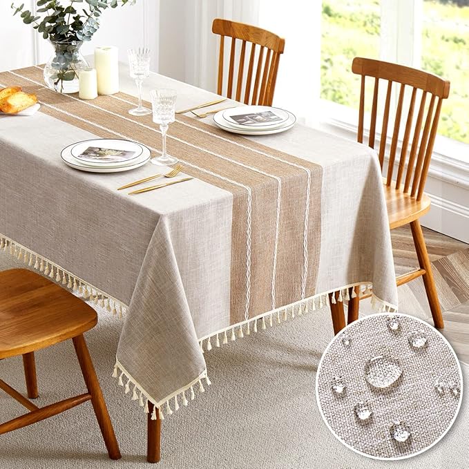 QIANQUHUI Embroidered Tablecloth for Dining Table,Rustic Farmhouse Kitchen Table Cover, Dust Proof Spillproof Soil Resistant Cotton Linen Rectangle Tablecloths（L-Coffee,55x102 inch）