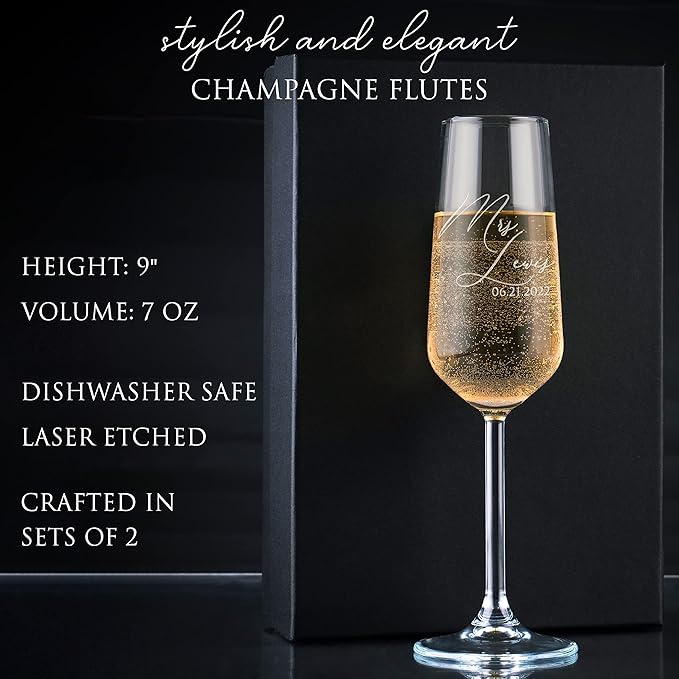 GIFTBYGIFTY Personalized Wedding Champagne Flutes for Bride and Groom - Set of 2, 7 oz, 2 Designs - Champagne Glasses for Engagement with Your Names and Date - D1
