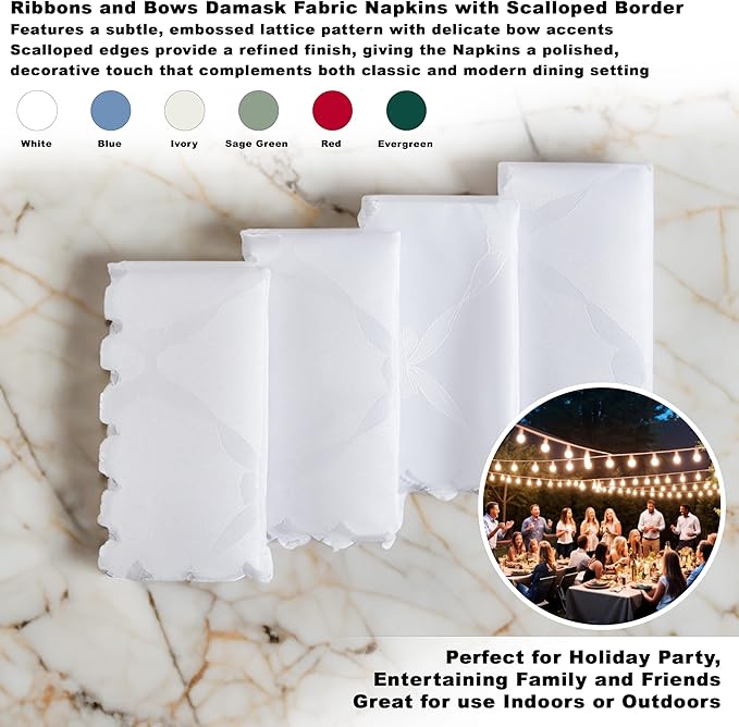 Newbridge Ribbons and Bows Damask Spring & Easter Holiday Fabric Napkins, White, Set of 4 Square, Wrinkle & Stain Resistant Table Cover
