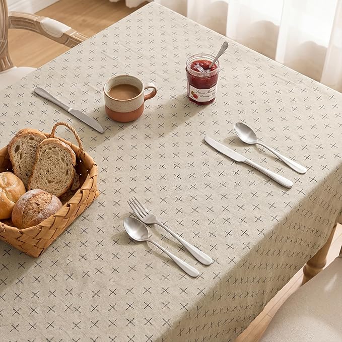 Horaldaily Beige Square Table Cloth, Cross-Star Solid Textured Embroidery Tablecloth, Wrinkle Free Washable 60×60 Inch Table Cover for Kitchen, Party, Wedding, Picnic, Outdoor