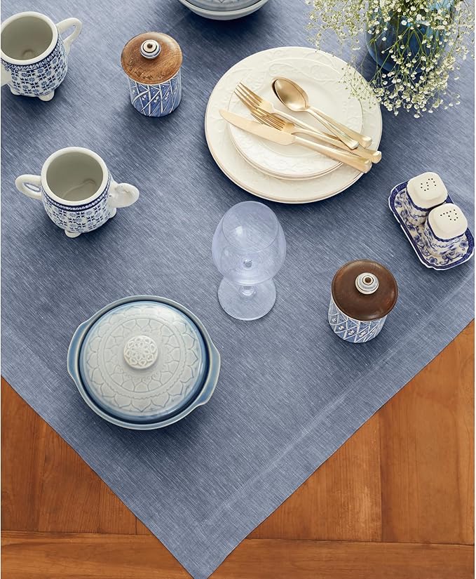Solino Home Linen Cloth Tablecloth 52 x 52 Inch - 100% Pure Linen Chambray Indigo Square Tablecloth - Athena, Machine Washable Table Throw for Spring, Easter