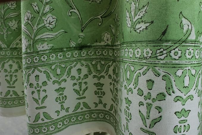 Ridhi Block Print Round Pear Green Reusable Tablecloth 100% Cotton 60" Inch Decorative Table Cover eveyday Dining, Home, Party, Wedding, Farmhouse Gift for Spring, Easter, Valentine