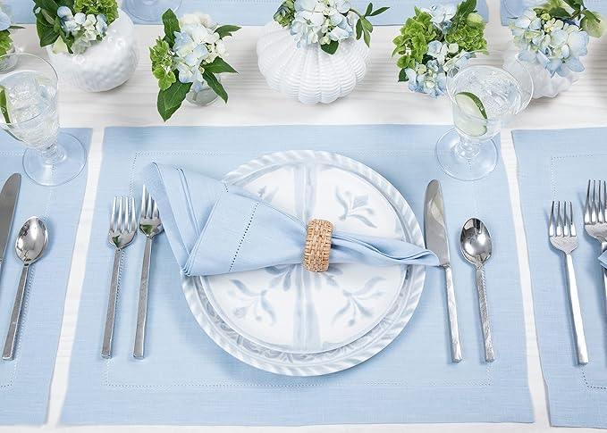 Solino Home Sky Blue Linen Napkins Set of 4-100% Pure Linen Hemstitch Dinner Napkins 20 x 20 Inch for Spring, Easter - Classic Hemstitch