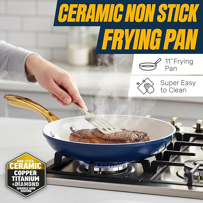 GOTHAM STEEL 11 Inch Non Stick Frying Pans Nonstick Skillet, Ceramic Pan for Cooking Non Toxic, Nonstick Frying Pan Skillets with Stay Cool Handle, Fry Pans, Oven and Dishwasher Safe - Navy