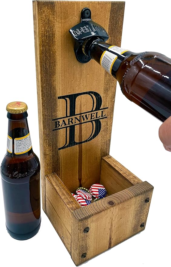 Bottle Opener with Dropbox Cap Catcher - Wall Mount or Freestanding - Laser Engraved - Personalized Christmas Gift idea for men Rustic Wood Groomsmen Gift Sets, Wedding and Anniversary Presents