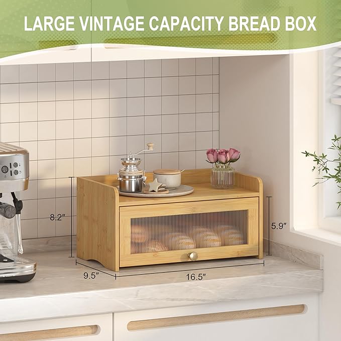 Bread Box for Kitchen Countertop, Large Bread Container Storage, Wooden Farmhouse Bread Box with Window Bread Holder (Vintage Bamboo)