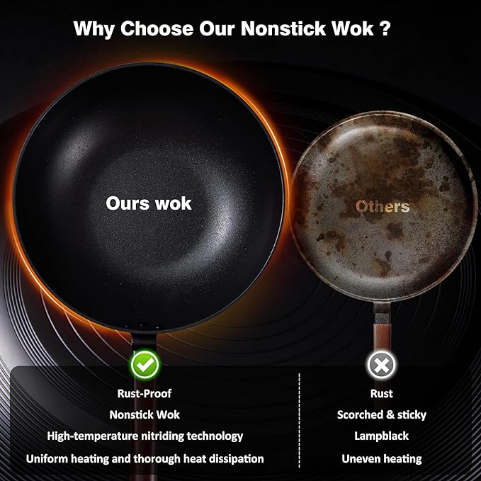 Carbon Steel Wok -13 Inch Woks & Stir-fry Pans Nonstick, Wok Pan with Lid Spatula and Dish Brush: Pre-Seasoned Flat Bottom Chinese Woks for Induction, Electric, Gas, All Stoves