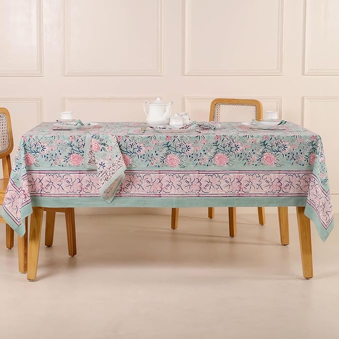Hand Block Printed Table Cover - Exquisite Design, Premium Cotton Fabric, Perfect for Dining and Decor, Dining Table Linen (Mint Green, 6 Seater 60 x 90 Inches Rectangle)