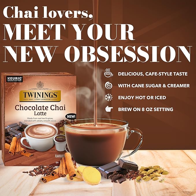 NEW Twinings Chocolate Chai Latte Tea K-Cup Pods for Keurig, 22 Count (Pack of 1), Velvety Smooth Cocoa with Real Spiced Tea, Caffeinated, Enjoy Hot or Iced