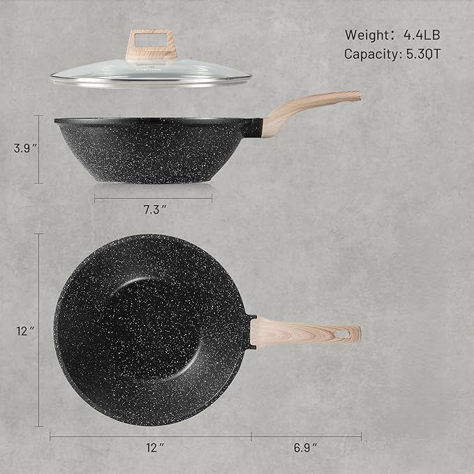 CAROTE Non Stick Wok with Lid 12''/5.3QT Woks & Stir-fry Pans Nonstick Granite Wok Pan Induction Cookware Deep Frying Pan, Compatible with All Stovetops