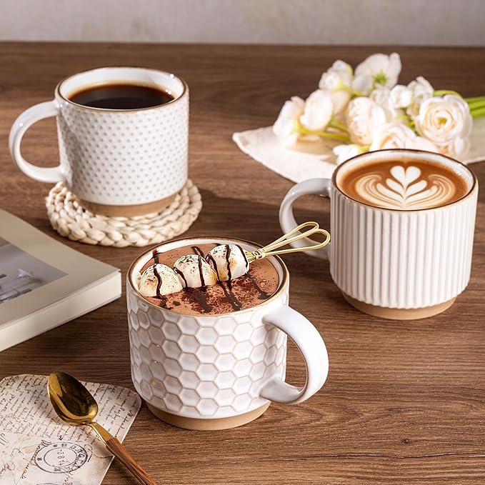 GBhome 6OZ Stackable Coffee Mugs with Stand and Saucer, Ceramic Coffee Mugs Set of 4 with Texture Patterns for Man,Woman,Dad,Mom, Modern Coffee Cups for Latte/Espresso. Dishwasher&Microwave Safe