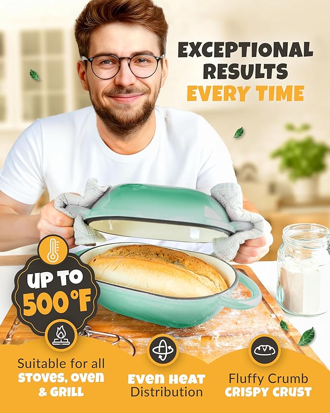 Loaf Pan for Bread Baking - incl. Sourdough Bread-Baking Supplies like Banneton Bread-Proofing Basket - 2QT Enameled Oval Cast Iron Dutch Oven, Bread-Oven, Sour Dough Bread-Banking-Pan Tools