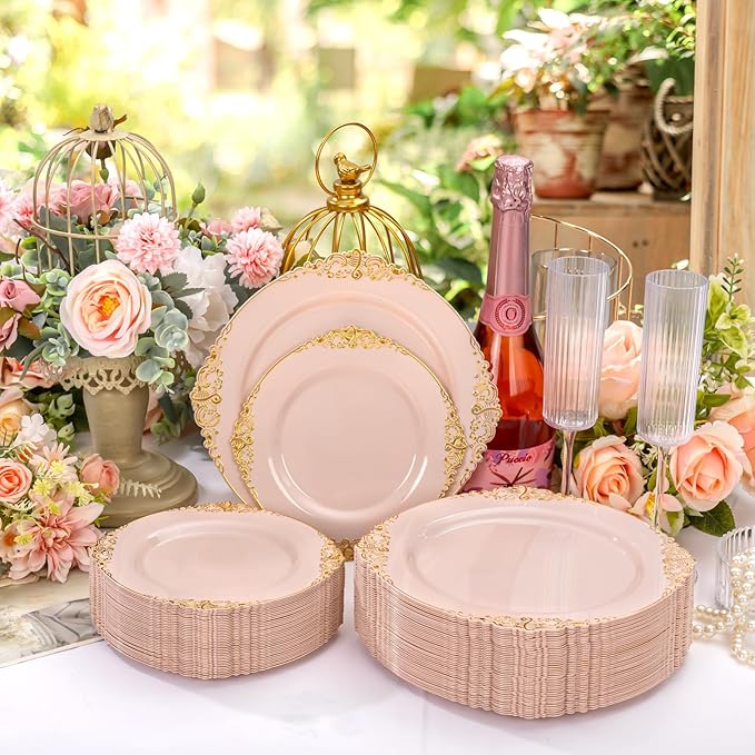 200PCS Pink and Gold Plates - Pink Plastic Plates - Fancy Disposable Plate with Gold Rim - Vintage Wedding Dinner & Dessert Plate for 100 Guests for Wedding & Valentine's Day & Bridal Shower