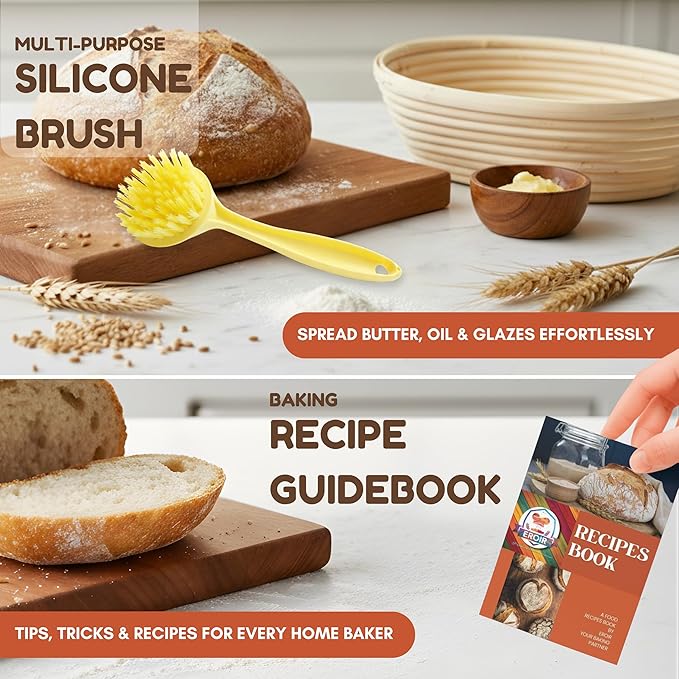 EROIR Sourdough Starter Kit - 38oz Glass Starter Jar with Date Marked Feeding Band, Thermometer, Jar Scraper, 9" Round Bread Proofing Basket, Dough Whisk, Lame, Bowl Scraper, Clean Brush, Recipes Book