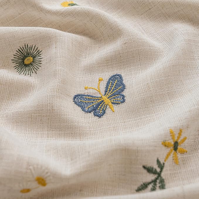 Polyester Linen Tablecloth with Tassels, Square Dining Table Sunflower Butterfly Flower Ginkgo Biloba Embroidered Tablecloth, Multiple Styles Boho Country Rustic Farmhouse Tablecloth 55x55 inches