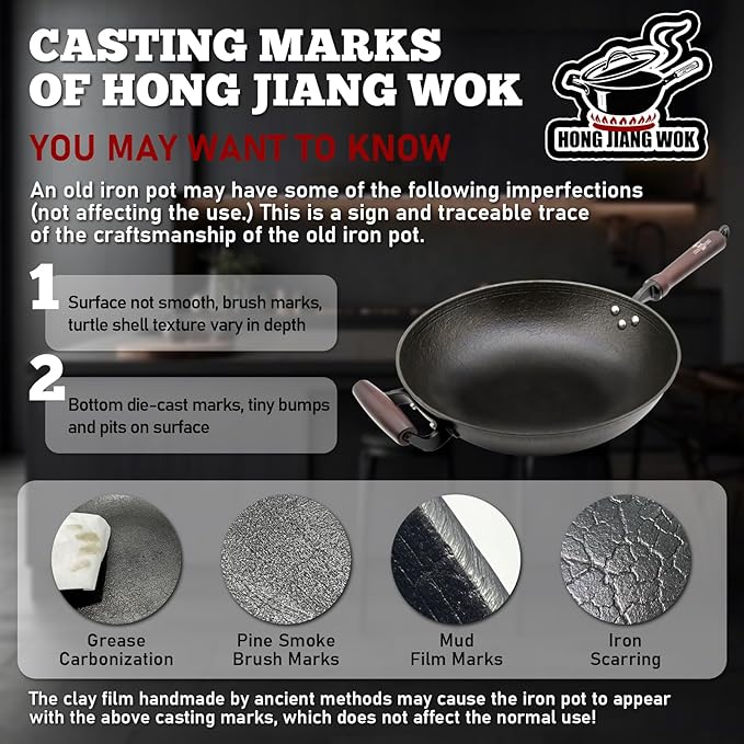 HONGJIANG Cast Iron Wok Pan with Lid, 12.6" Pre-Seasoned Flat Bottom Wok, Coating-Free Wok Stir Fry Pan, Compatible Traditional Chinese Wok for Induction, Electric, Gas, Open Fire
