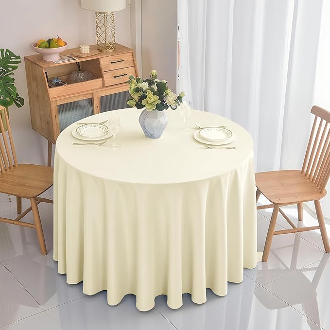 2-Pack Round 108-inch Beige Table Cloths, Solid Stain and Wrinkle Resistant Circular Tablecloth, Premium Plain Weave Polyester Fabric Table Linen Covers for Hotel, Banquet