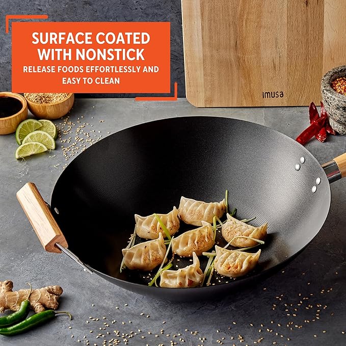 IMUSA 14in Carbon Steel Nonstick Wok with Wood Handles, Black