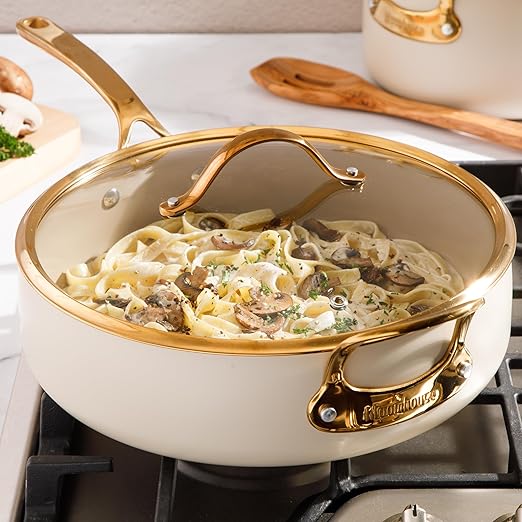 Bloomhouse - Two Time Oprah's Favorite Things Winner - 6 QT Heavy Duty Aluminum Premium PFA Free Ceramic Nonstick Saute/Deep Frying Pan Skillet with Lid - Almond Cream w/Gold Handle
