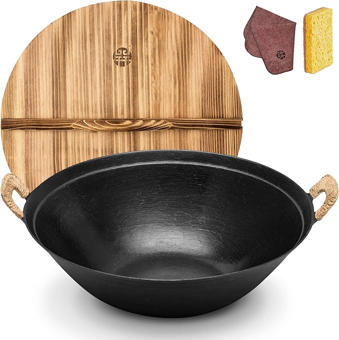 WANGYUANJI 13.4" Cast Iron Wok with Lid, Dual Handles - Flat Bottom Chinese Stir Fry Pan for Induction & Gas Stoves - Traditional Handcrafted Turtle Shell Texture, Uncoated & Non-Toxic