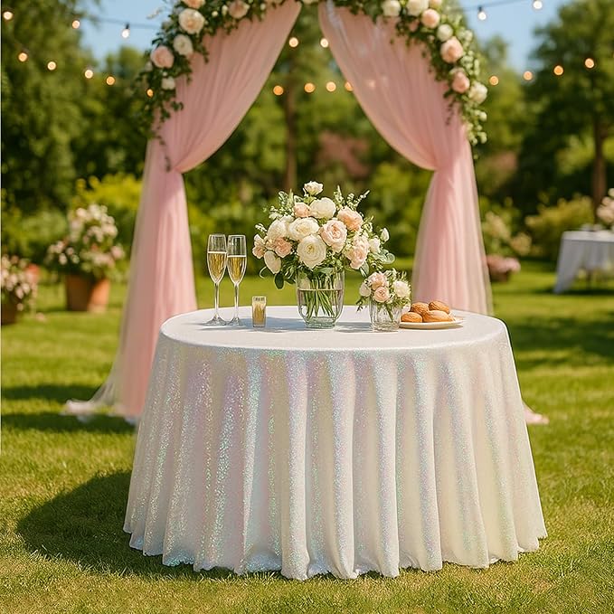 Eternal Beauty White Iridescent Tablecloth, 120 Inch Round Sequin Tablecloth for Party Cake Dessert Table Exhibition Events