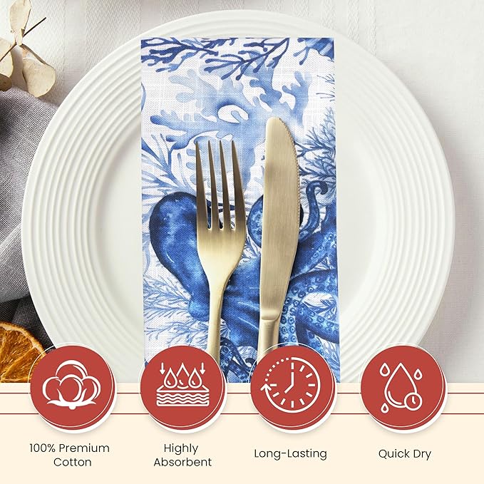 Vintage Vista Cotton Cloth Napkins Set of 4 (17" x 17") - Digital Printed Table Napkins Cloth Washable & Reusable for Everyday Use, Christmas, Thanksgiving, Halloween & More - (Blue Turtle)